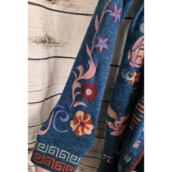 Adore Embroidered Sweater Hoodie Cardigan S Open Front Boho Teal Mid Length - Picture 4 of 8